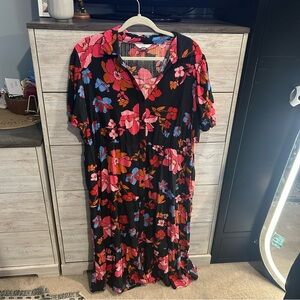 Time and Tru Women’s Dress XL Navy Floral Midi V-Neck Button Front Short Sleeve